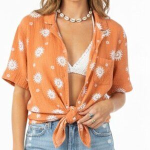 : American Eagle Daisy Print Gauze Camp Shirt Cottagecore Boho Size XL Orange